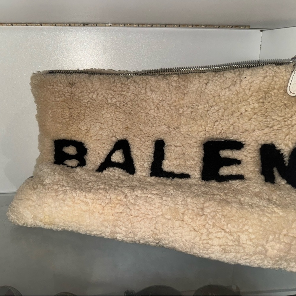 Balenciaga Shearling Clutch in Cream and Black